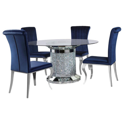 Quinn 5-piece Round Glass Top Mirrored Dining Set Ink  Blue